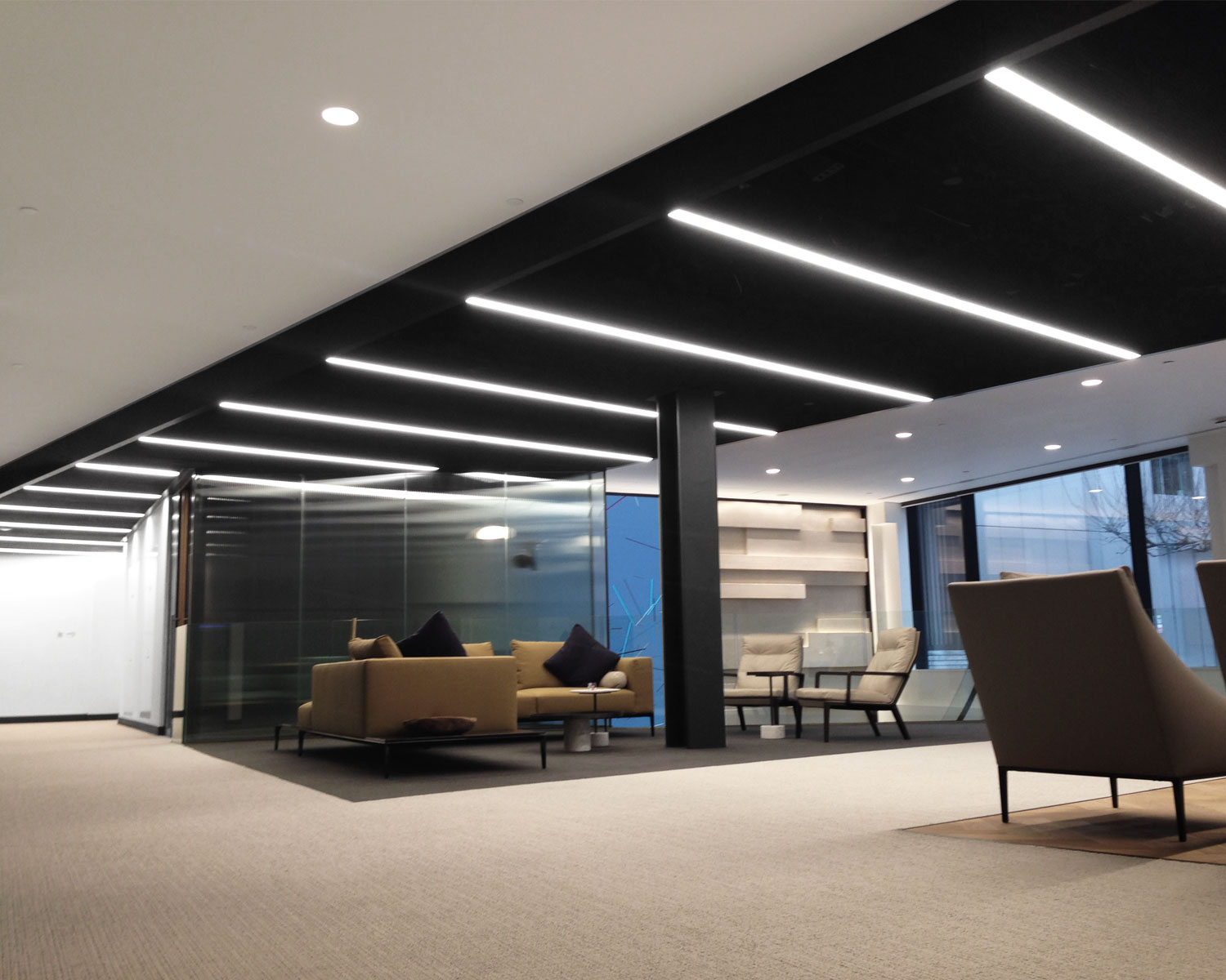 P1162 Blue Chip Corporate Office Lighting Design Tech Company Linear Lights Black Ceiling Detail
